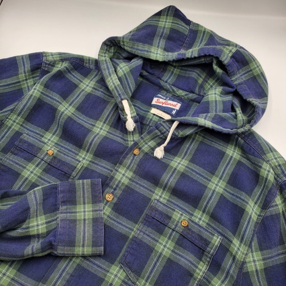 johnnie-O Surflannel Plaid Hooded Shirt Mens L Navy Green Button Down